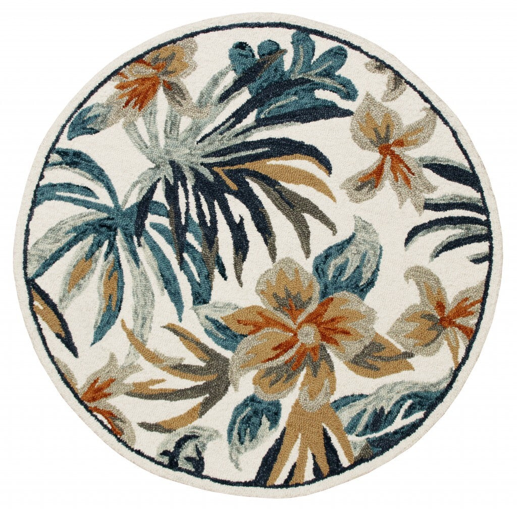 4' Round Blue and White Tropical Area Rug W2B
