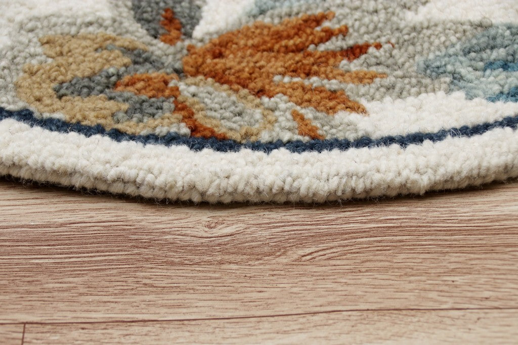 4' Round Blue and White Tropical Area Rug W2B