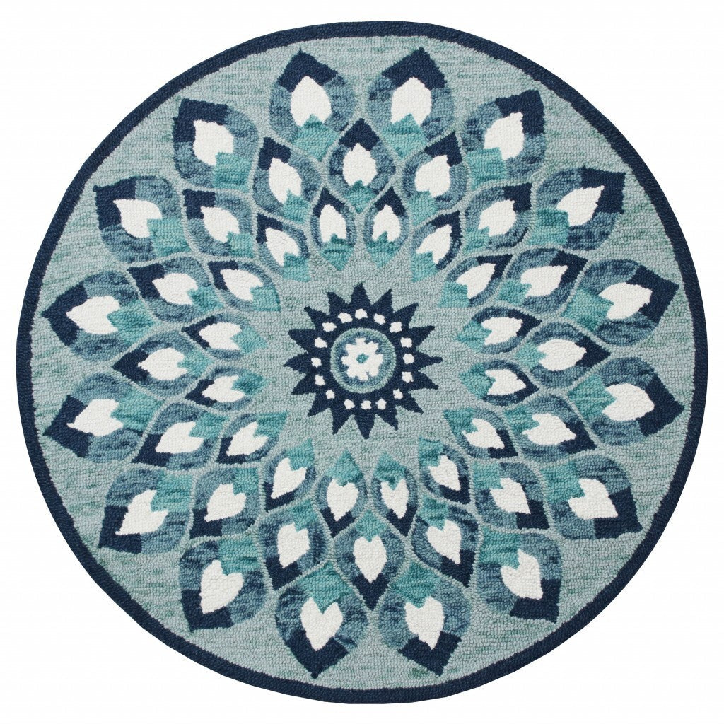 4' Round Blue and White Floral Feather Area Rug W2B