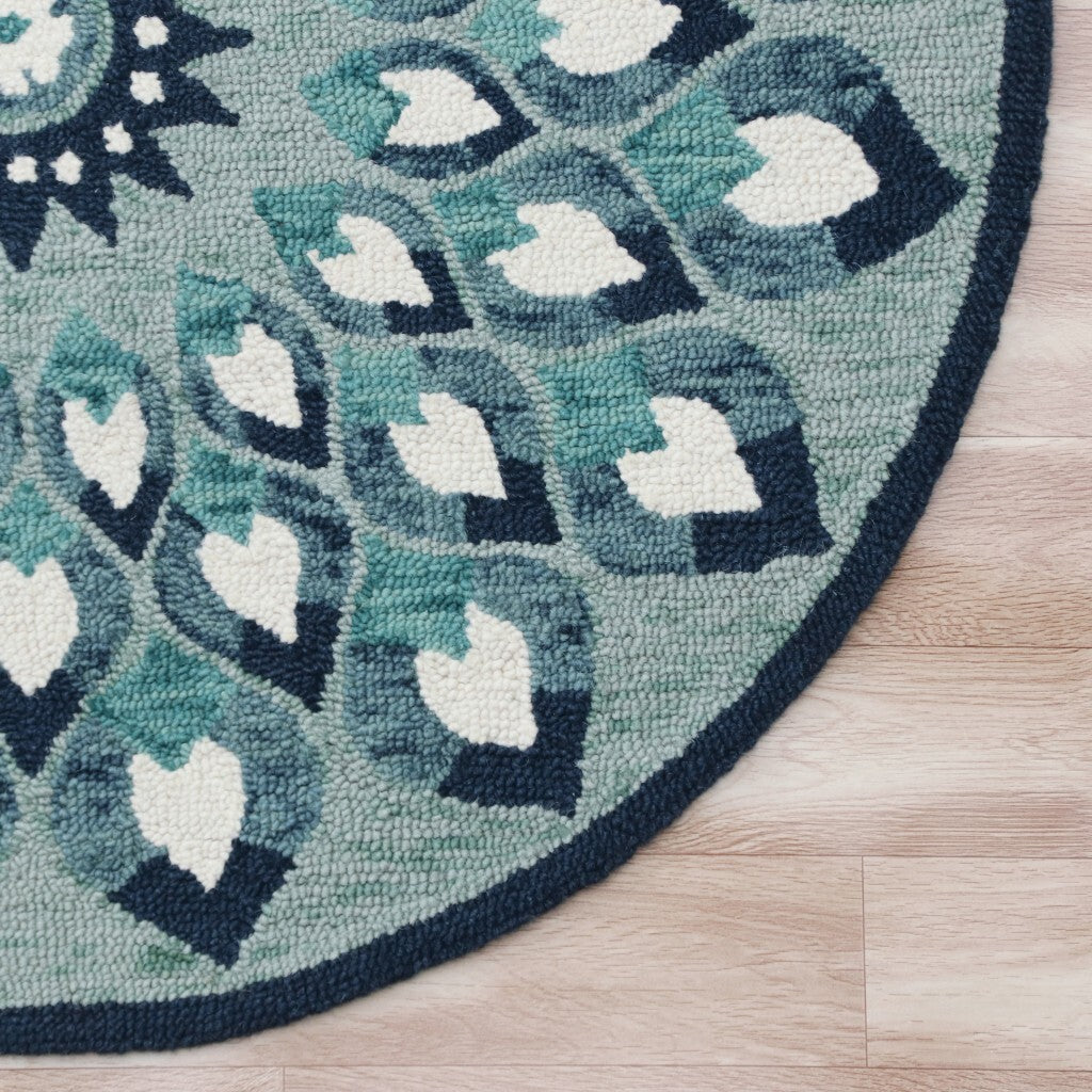 4' Round Blue and White Floral Feather Area Rug W2B