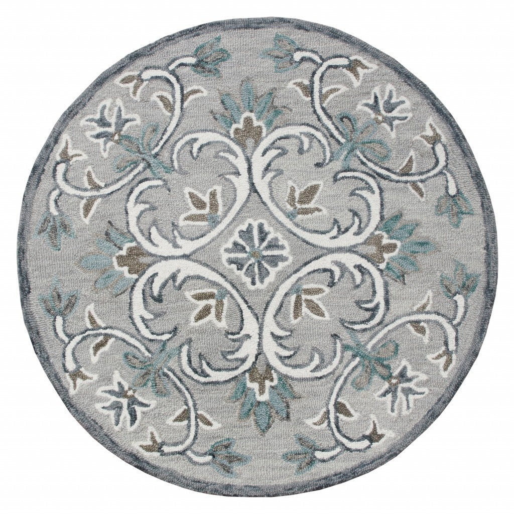 4' Round Gray and White Filigree Area Rug W2B