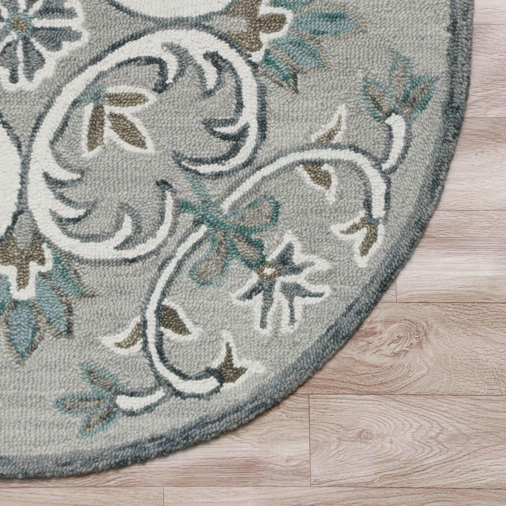 4' Round Gray and White Filigree Area Rug W2B