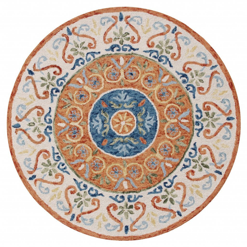 4' Round Orange Traditional Medallion Area Rug W2B