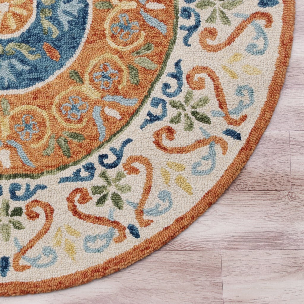 4' Round Orange Traditional Medallion Area Rug W2B