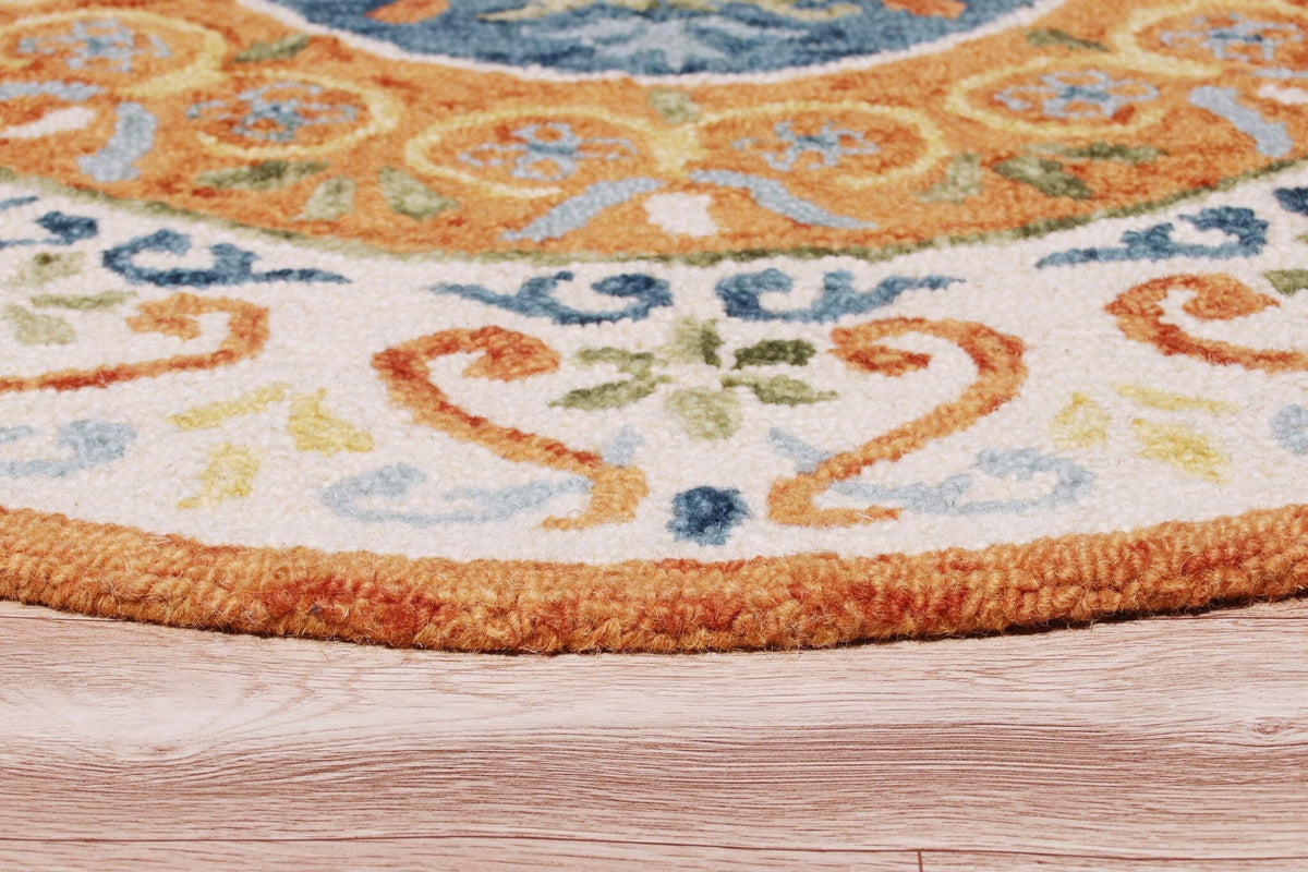 4' Round Orange Traditional Medallion Area Rug W2B