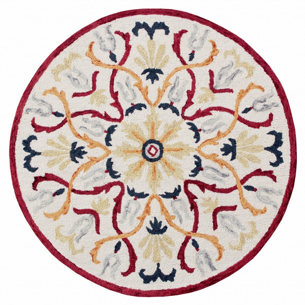 4' Round Red and Ivory Floral Filigree Area Rug W2B