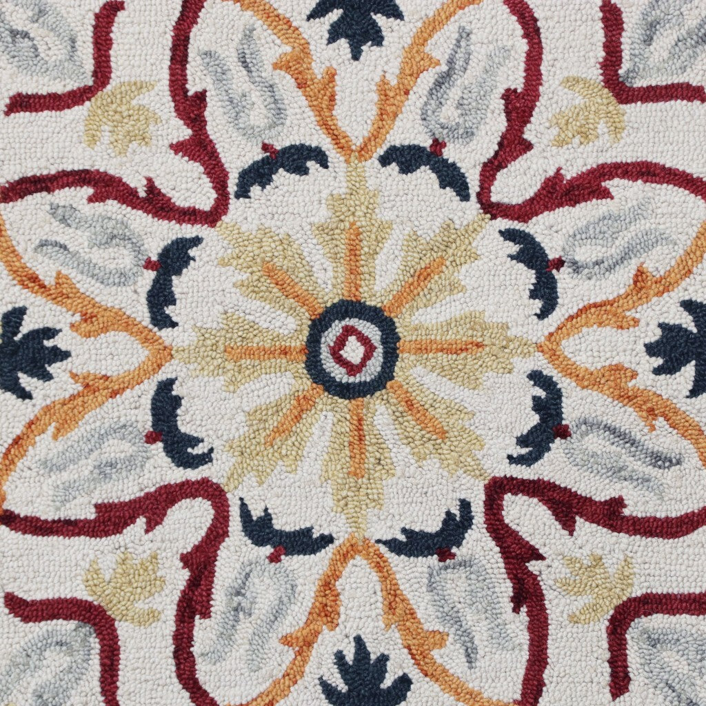 4' Round Red and Ivory Floral Filigree Area Rug W2B