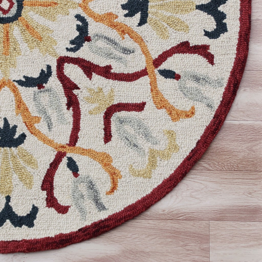 4' Round Red and Ivory Floral Filigree Area Rug W2B