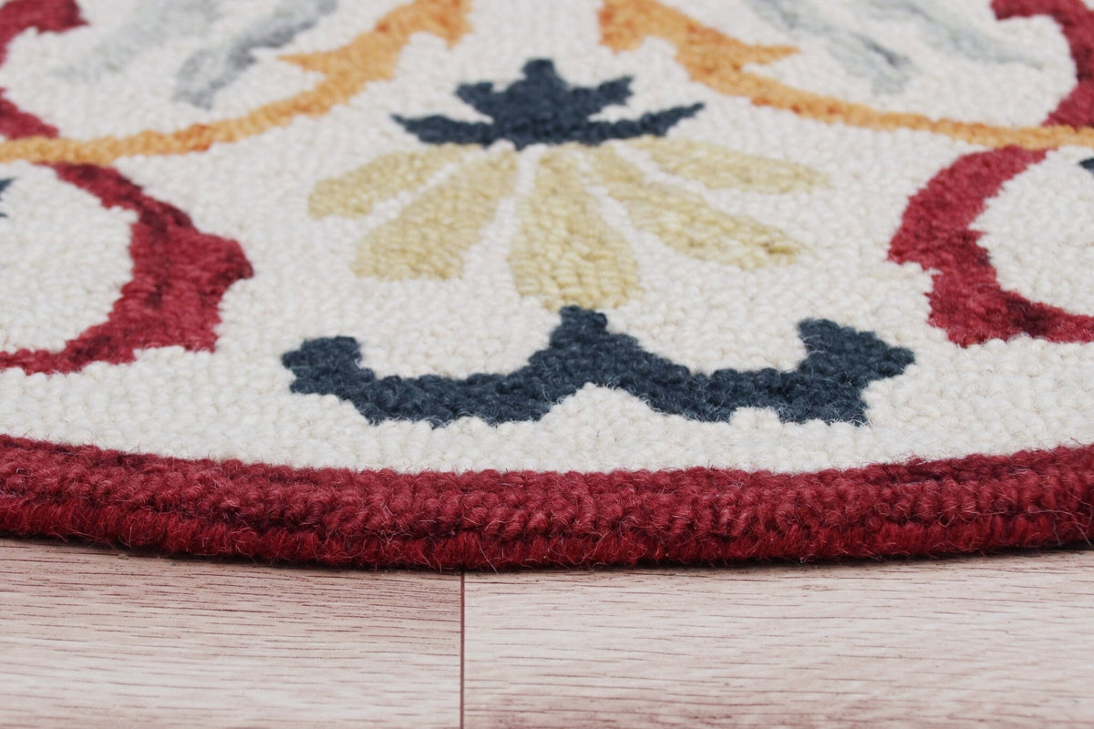 4' Round Red and Ivory Floral Filigree Area Rug W2B