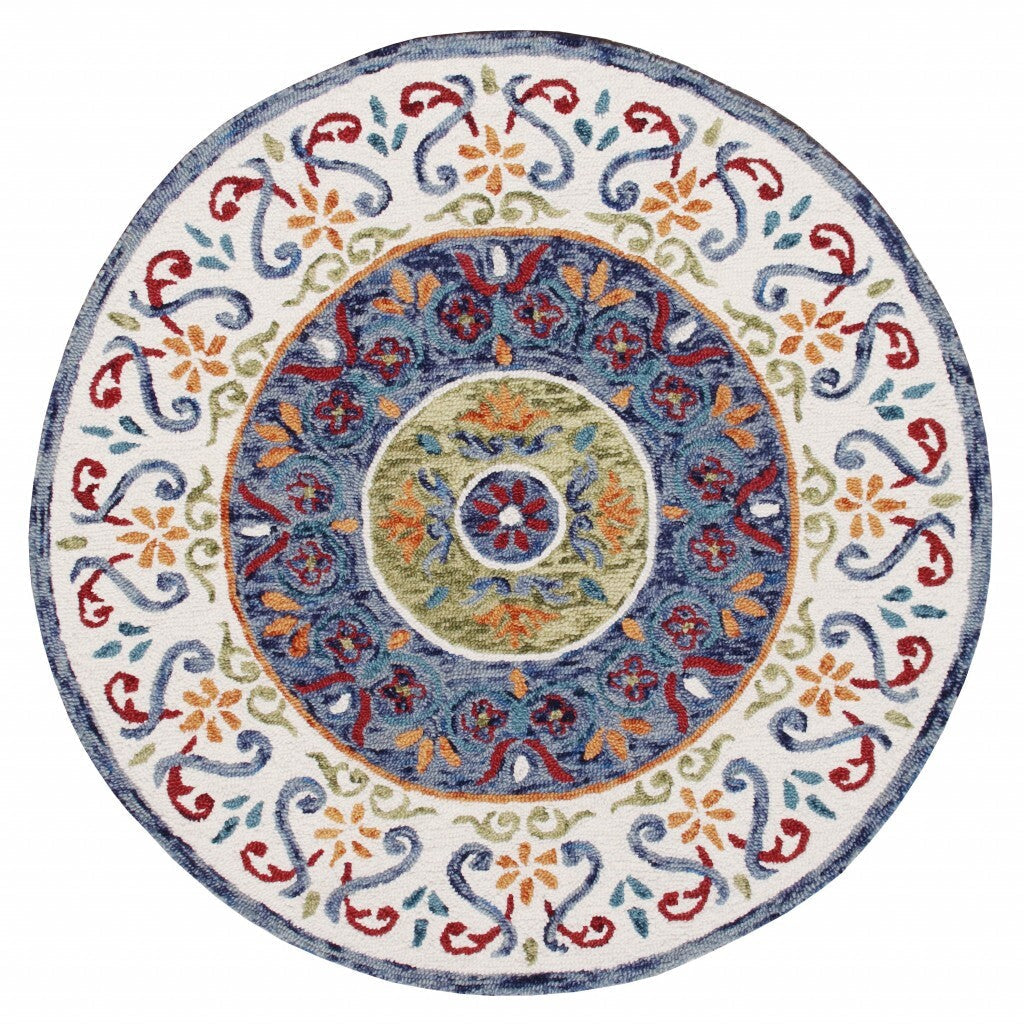 4' Round Blue and White Ornate Medallion Area Rug W2B