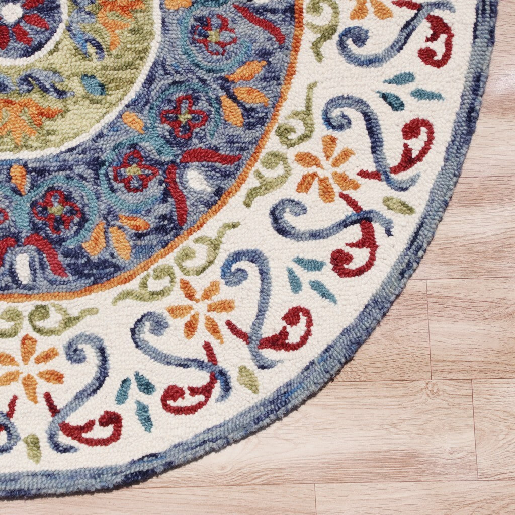 4' Round Blue and White Ornate Medallion Area Rug W2B