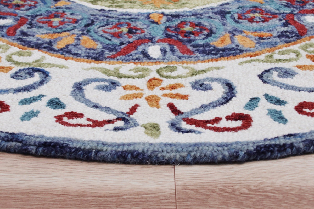 4' Round Blue and White Ornate Medallion Area Rug W2B