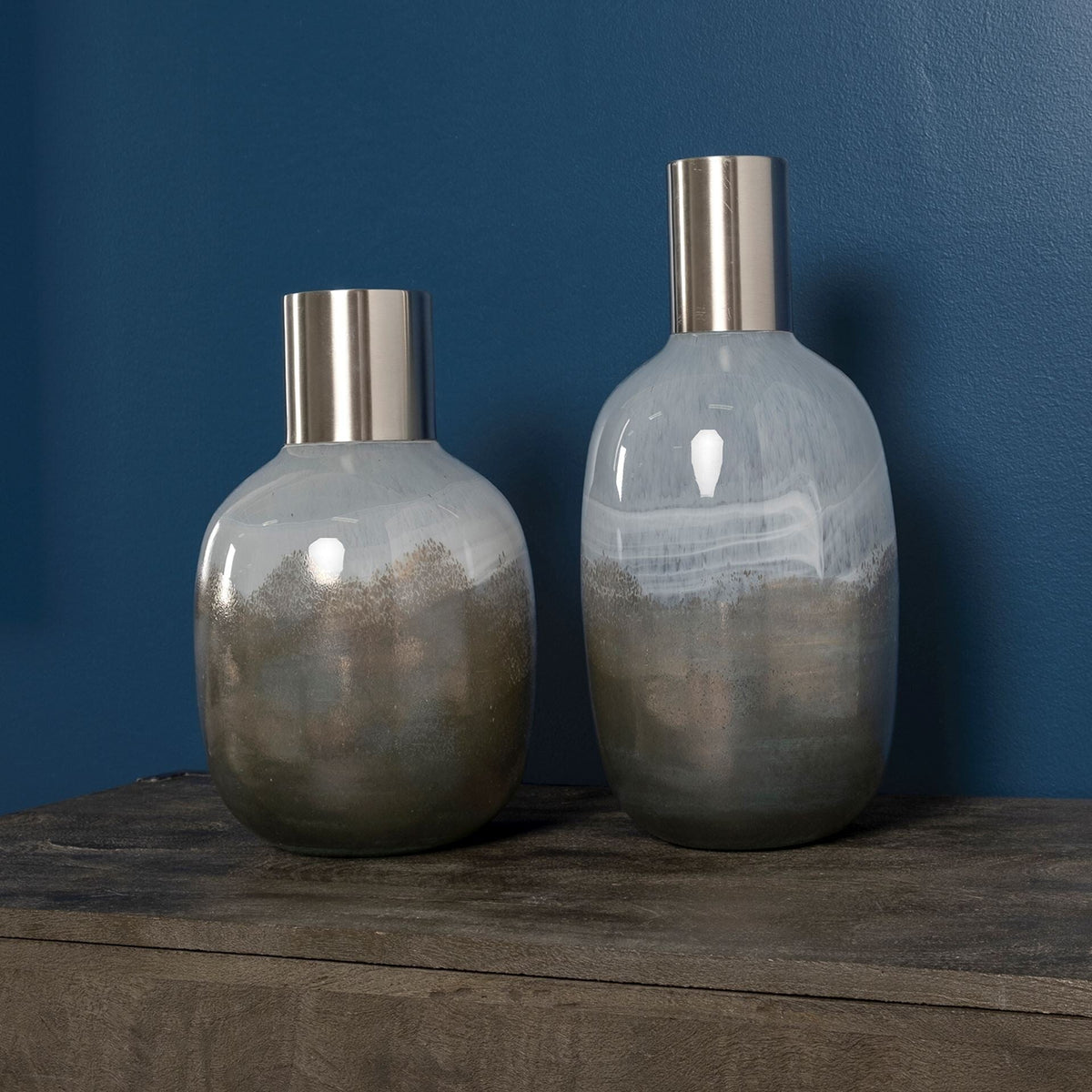 13" Cream and Brown Ombre Glass Vase with Dark Bronze Top W2B