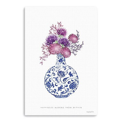24" x 16" Blue and White Happiness Floral Vase Canvas Wall Art W2B