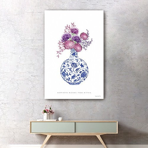 24" x 16" Blue and White Happiness Floral Vase Canvas Wall Art W2B