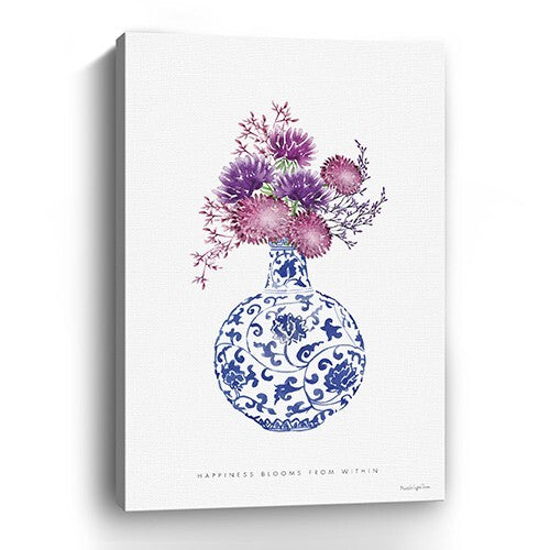 24" x 16" Blue and White Happiness Floral Vase Canvas Wall Art W2B