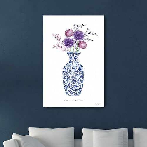 24" x 16" Blue and White Life Floral Vase Canvas Wall Art W2B