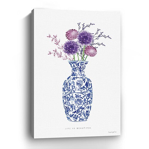 24" x 16" Blue and White Life Floral Vase Canvas Wall Art W2B