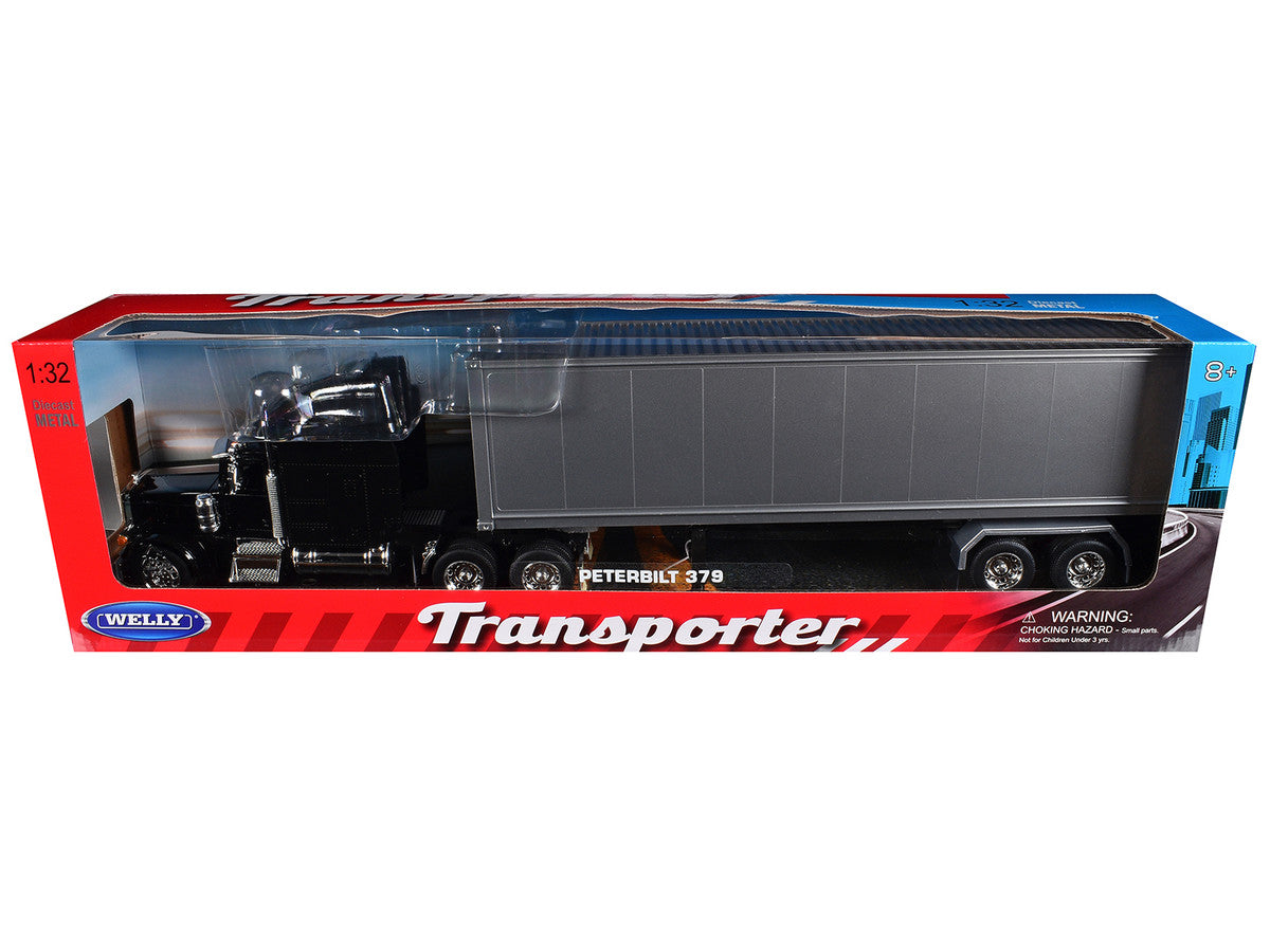 Peterbilt 379 Truck Black with Silver Container "Transporter" Series 1/32 Diecast Model by Welly Welly