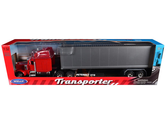 Peterbilt 379 Truck Red with Silver Container "Transporter" Series 1/32 Diecast Model by Welly Welly