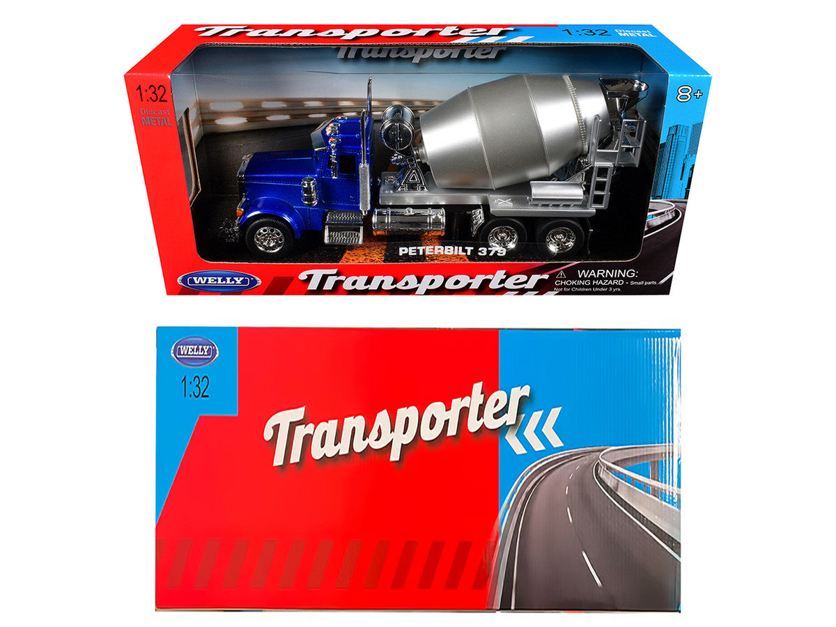 Peterbilt 379 Cement Mixer Blue Metallic with Chrome and Silver Mixer "Transporter" Series 1/32 Diecast Model by Welly Welly