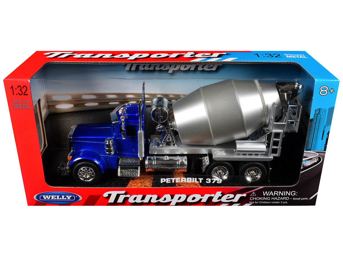 Peterbilt 379 Cement Mixer Blue Metallic with Chrome and Silver Mixer "Transporter" Series 1/32 Diecast Model by Welly Welly