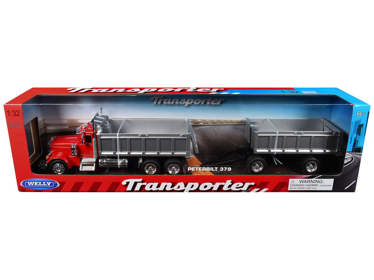 Peterbilt 379 Dump Truck Red with Gray Double Dump Trailer "Transporter" Series 1/32 Diecast Model by Welly Welly
