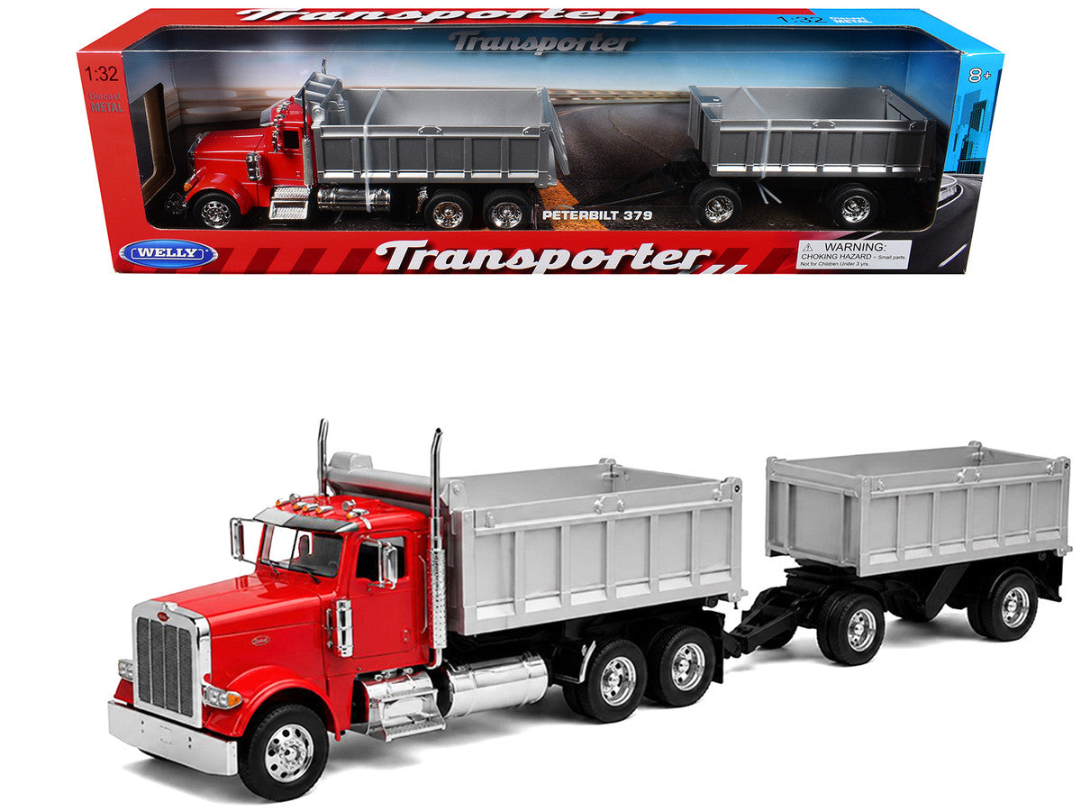 Peterbilt 379 Dump Truck Red with Gray Double Dump Trailer "Transporter" Series 1/32 Diecast Model by Welly Welly