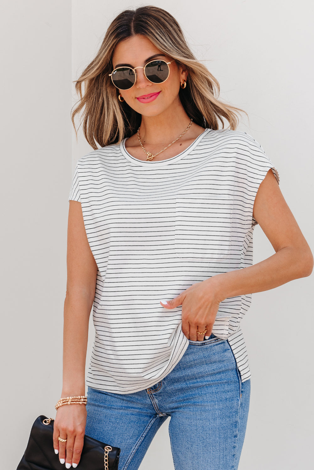 Tilly Stripe Cap Sleeve Crew Neck top Threaded Pear