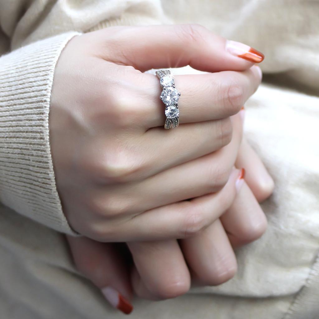 3W1456 - Rhodium Brass Ring with AAA Grade CZ  in Clear-4