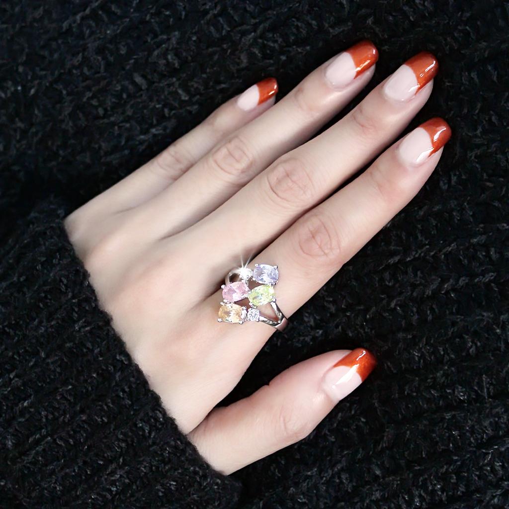 Jean Cocktail Ring - Rhodium Brass, AAA CZ , Multi Color - 3W1474 Alamode