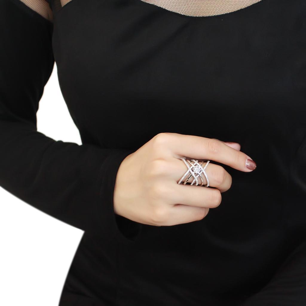 3W1528 - Rhodium Brass Ring with AAA Grade CZ  in Clear-4