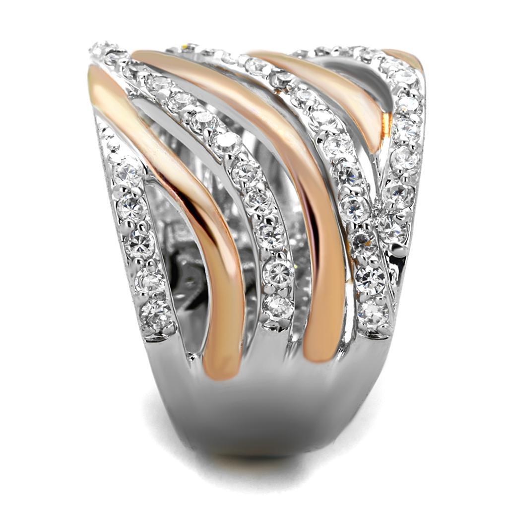 3W857 - Rose Gold + Rhodium Brass Ring with AAA Grade CZ  in Clear-3