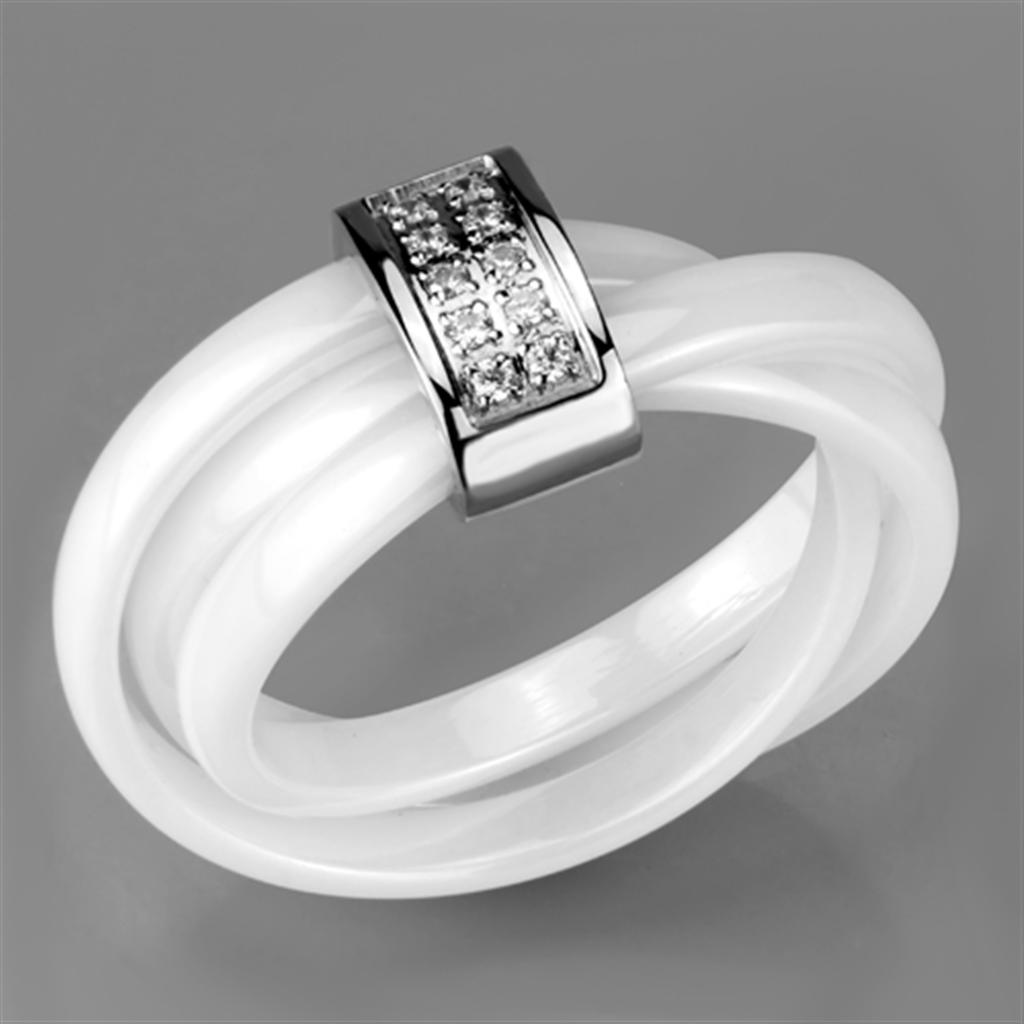3W951 - High polished (no plating) Stainless Steel Ring with Ceramic  in White Alamode