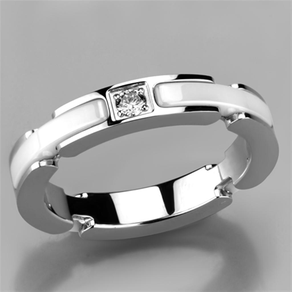 3W963 - High polished (no plating) Stainless Steel Ring with Ceramic  in White Alamode