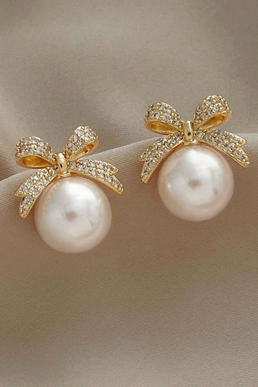 Ellis Rhinestone Bowknot Pearl Earrings-0