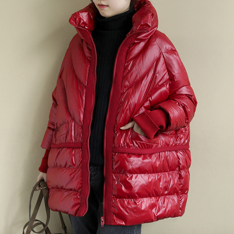 White Duck Down Artistic Stand-up Collar O-type Plus Size Women's Down Jacket Wool Stitching Design Style Accent Plus