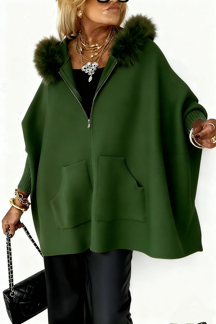 Ins Plush Hooded Cardigan Fashion Warm Pockets Zip-up Knitted Jacket Casual Outerwear Batwing Sleeve Sweater Women's Clothing Best YouTube Store