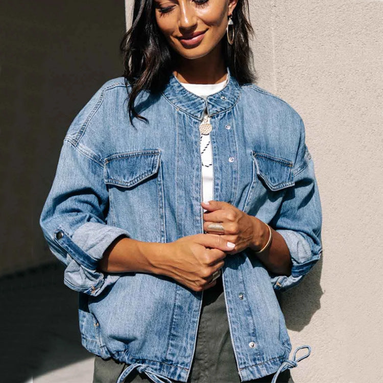 Ladies Denim Jacket Drawstring Loose Ladies Denim Jacket Accent Plus