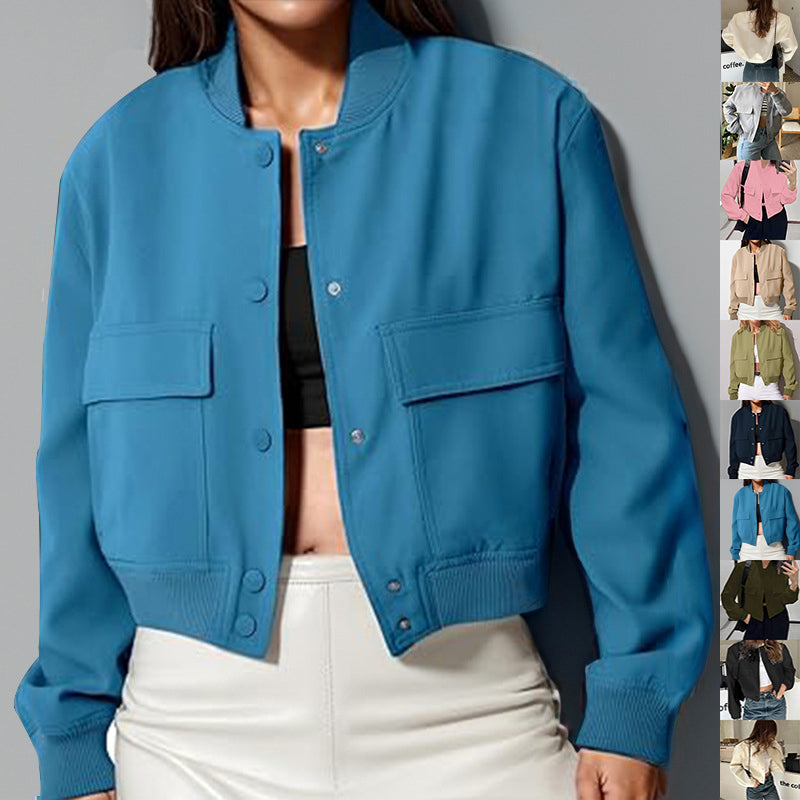 Fashion Button Stand-collar Jacket With Big Pockets Casual Loose Short Outwear Tops Coat For Women Clothing Accent Plus