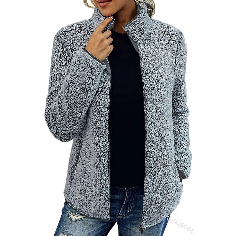 Fall Winter Warm Sweatshirt Stand Collar Solid Color Top Sweater Women's Casual Fashion Long Sleeve Zipper Bubble Velvet Coat Tops Best YouTube Store