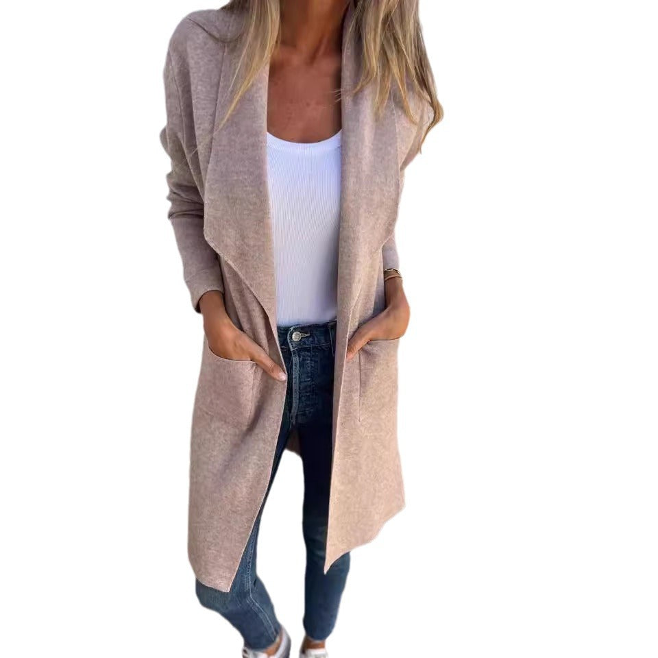 Fall And Winter Lapels Mid-length Knitted Cardigan Thin Woolen Coat Accent Plus