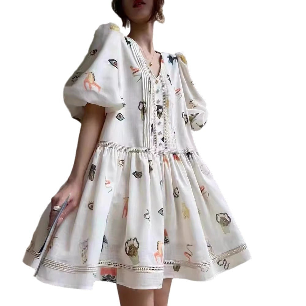 Women's Lace Retro Loose French Print Puff Sleeve Dress LadyShow.Store