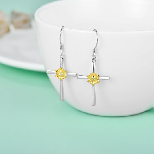 Sunflower Earrings Sterling Silver Cross Dangle Drop Hooks Earrings Sunflower Flower Jewelry Gifts for Women Teens Birthday LadyShow.Store