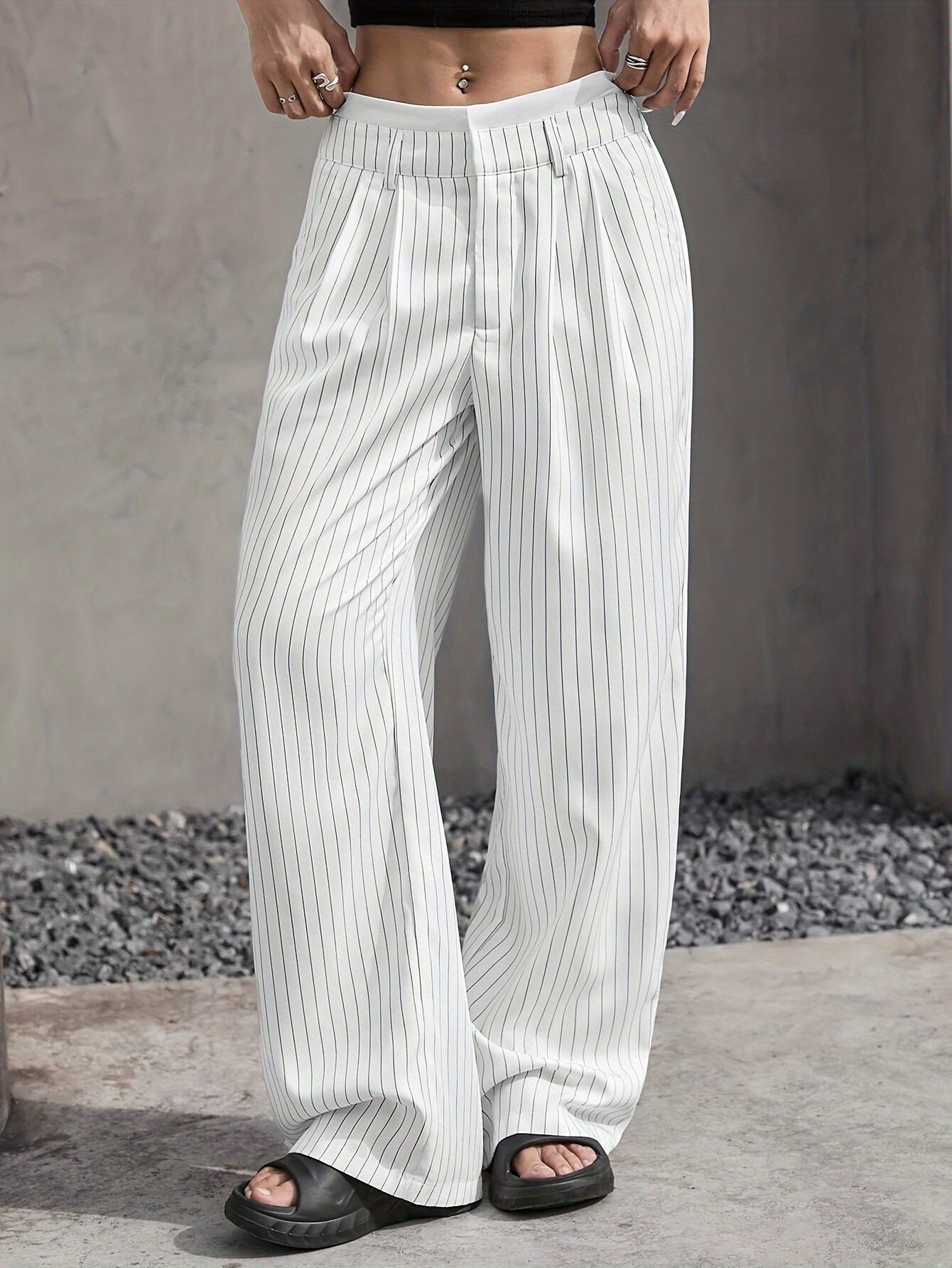Stripe Printed Trousers Fashion High Waist Straight Leg Pants With Pocket Zipper Casual Suit Pants For Women LadyShow.Store
