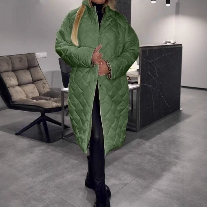 Winter Rhombus Stitching Coat Warm Solid Color Pocket Lapel Long Jacket Women's Clothing LadyShow.Store
