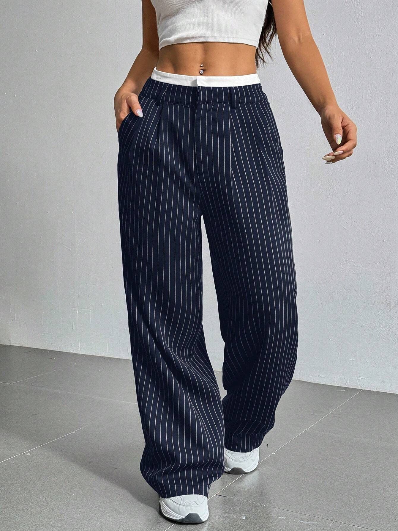 Stripe Printed Trousers Fashion High Waist Straight Leg Pants With Pocket Zipper Casual Suit Pants For Women LadyShow.Store
