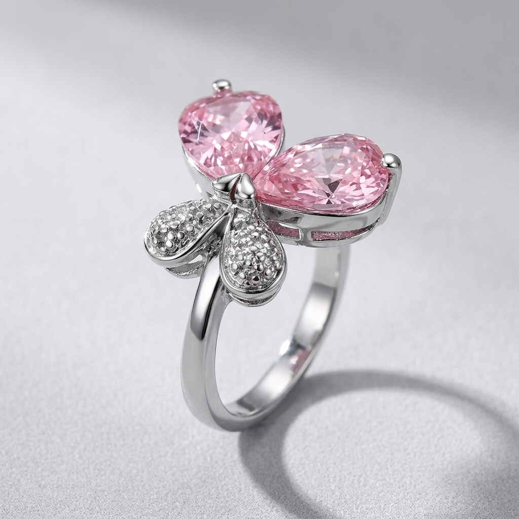 3W051 - Rhodium Brass Ring with AAA Grade CZ  in Rose-0
