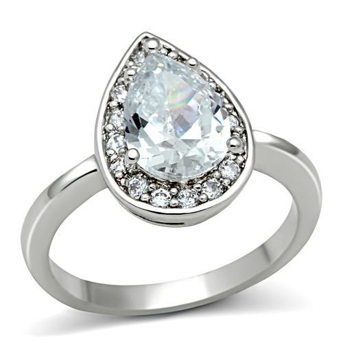3W111 - Rhodium Brass Ring with AAA Grade CZ  in Clear-0