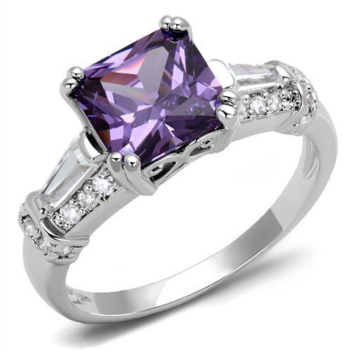 3W1365 - Rhodium Brass Ring with AAA Grade CZ  in Amethyst Alamode